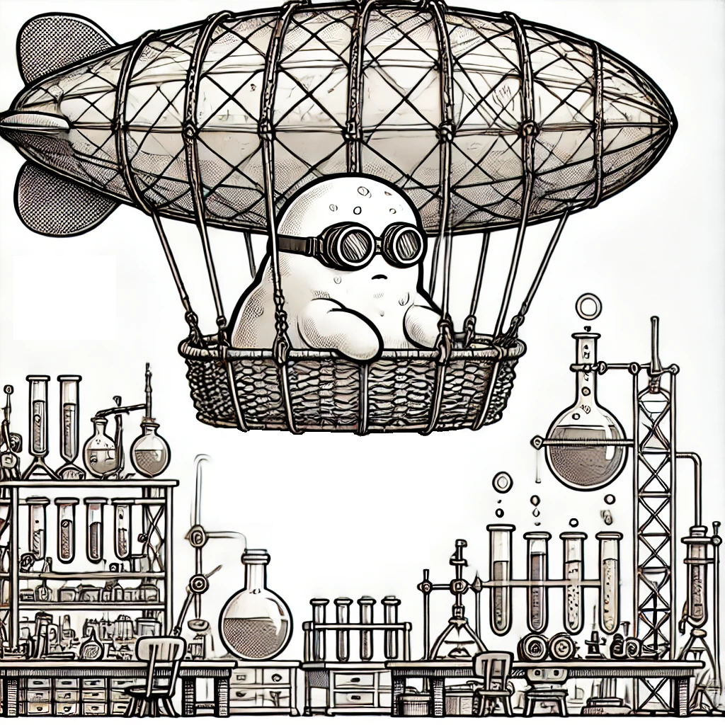 A whimsical laboratory airship with a small goggled figure riding in the basket.